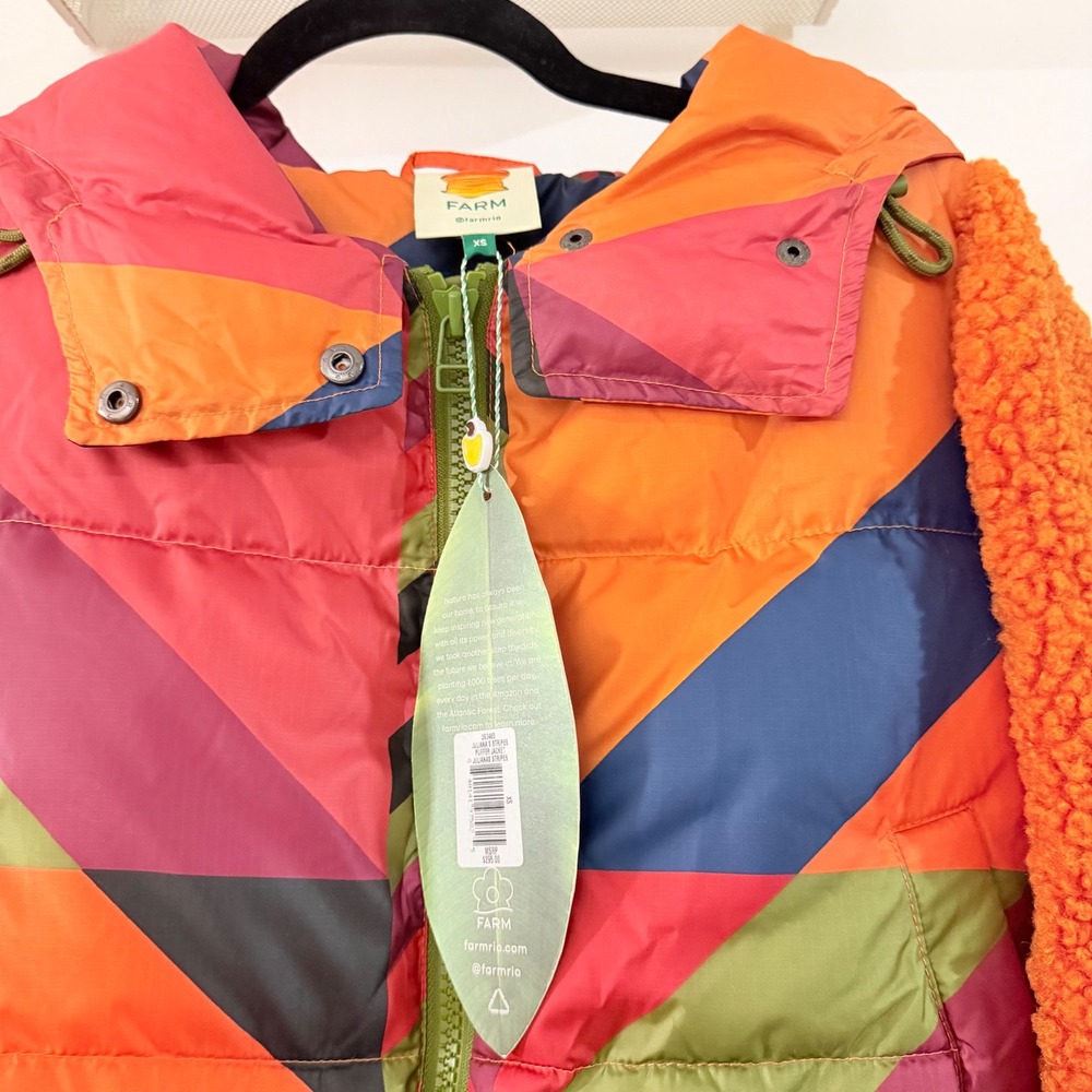 Farm Rio Juliana Stripes Puffer Jacket XS Hooded Crop Colorful Maximalist Boho - Picture 2 of 6